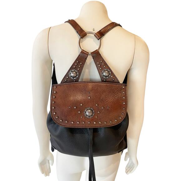 Ralph Lauren Purple Label Studded Two Tone Leather Backpack Black Brown - Picture 2 of 16